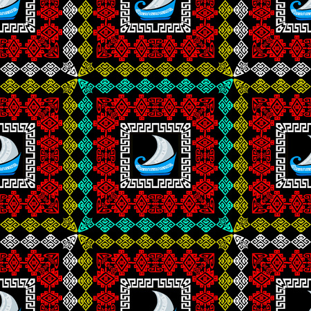 Geometric colorful checkered greek vector seamless pattern. Ornamental abstract tribal ethnic style background . Marine motif. Square ornamental frames, sailboats. Greek key meanders ancient ornament.のイラスト素材