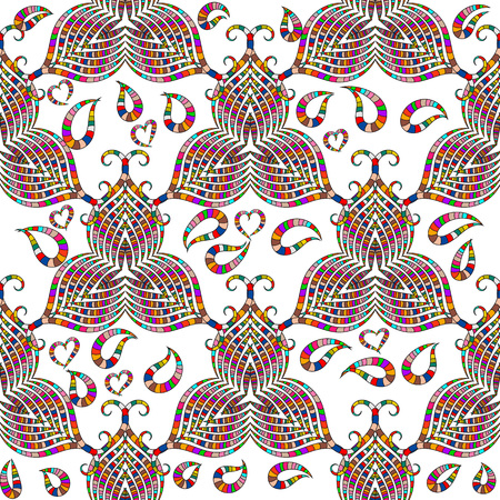 Ornamental colorful Paisley vector seamless pattern. White isolated background. Floral vintage hand drawn ornament with striped abstract paisley flowers, leaves, lines, love hearts. Multicolor designのイラスト素材