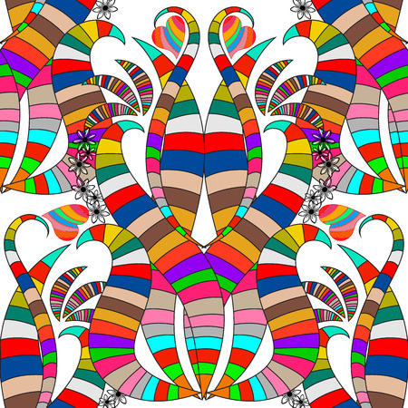Floral colorful ornamental striped vector seamless pattern. Vintage hand drawn multicolor ornament with abstract paisley flowers, love hearts, stripes, lines, shapes. Bright design on white backgroundのイラスト素材