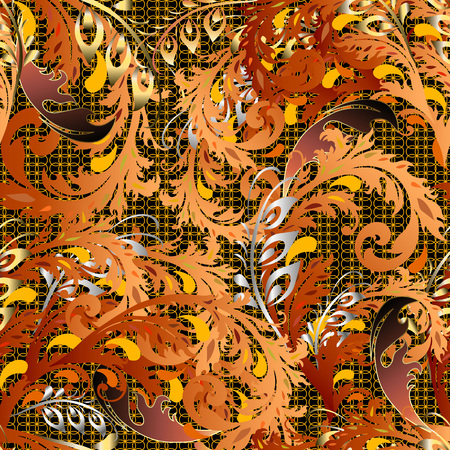 Baroque colorful autumn leaves vector seamless pattern. Bright lace ornamental leafy background. Vintage repeat patterned floral ornate backdrop. Antique baroque Victorian style flourish ornament.のイラスト素材