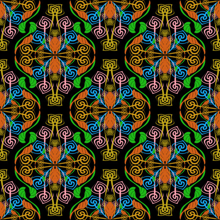 Ethnic style colorful floral vector seamless pattern. Ornamental patterned abstract background. Vintage flourish ornament with paisley flowers, geometric shapes, spirals, curves, lines. Ornate designのイラスト素材