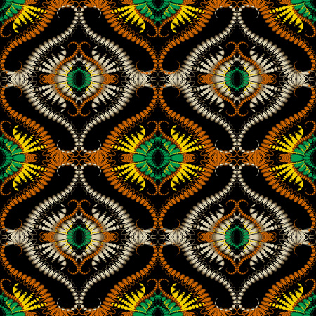 Colorful floral abstract vector seamless pattern. Bright ornamental ethnic style background. Geometric shapes, lines,  flowers, dots, curves. Repeat patterned arabesque backdrop. Damask ornamentのイラスト素材