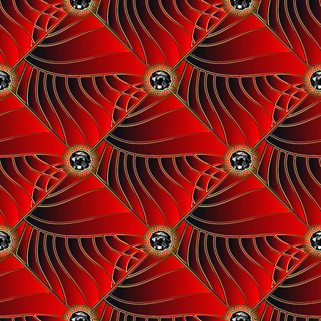 Red 3d textured lines and curves greek vector seamless pattern. Jewelry ornamental background. Round greek key meanders ornament with black diamond. Radial shapes, gold stripes. Tiled repeat backdropのイラスト素材
