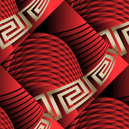 3d abstract  radial intricate lines geometric greek vector seamless pattern. Ornamental textured tiled red background. Surface repeat radial backdrop. Shapes, lines, stripes, curves. Greek key meanderのイラスト素材