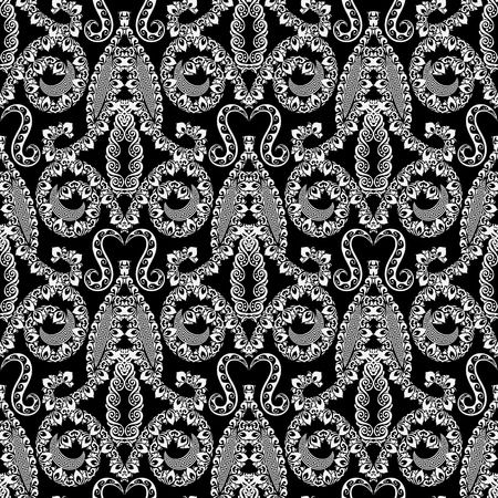 Damask style floral ornamental black and white greek vector seamless pattern. Elegance patterned monochrome background. Tiled repeat beautiful backdrop. Flowers, leaves, greek key meanders ornamentのイラスト素材