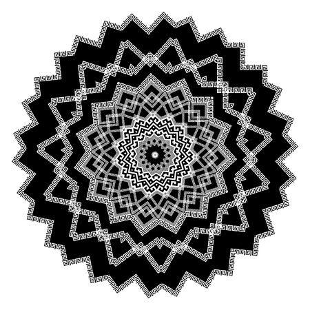 Greek round black and white mandala pattern. Vector design. Greek key meanders circle ornament with geometric shapes, zigzag, rhombus. Decorative isolated mandala background. Ethnic tribal style.のイラスト素材