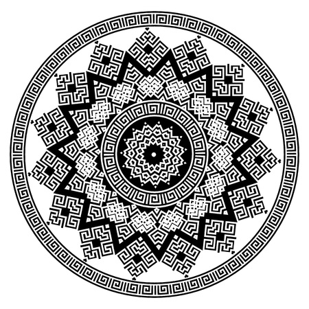 Greek round vector mandala pattern. Black and white design. Greek key meanders circle ornament with geometric shapes, zigzag, rhombus. Decorative isolated mandala background. Ethnic tribal style.のイラスト素材