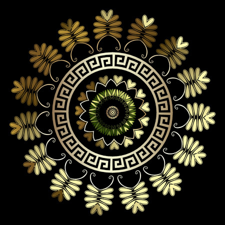 Floral vintage greek vector mandala pattern.  Round elegance colorful ornament. Gold ancient greek key meanders. Ornamental ethnic style  design. For tile, fabric, textile, wallpapers, print, bordersのイラスト素材