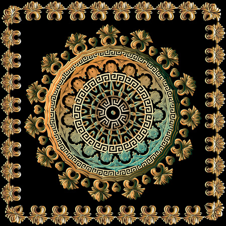 3d Baroque vector mandala pattern. Floral antique square frame. Ornamental background. Round luxury mandala ornament with flowers, greek key meander. Design for panel, tile, wallpapers, textile, printのイラスト素材
