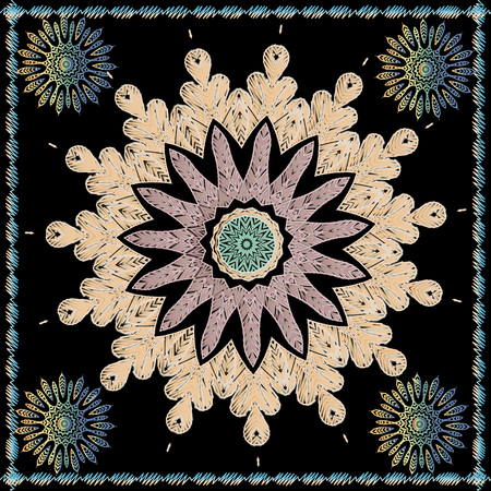 Textured ethnic style embroidery floral mandala pattern. Colorful tapestry round vintage ornament. Square grunge ornamental frame. Embroidered abstract colorful flowers. Grunge stitching textureのイラスト素材
