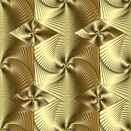 Gold 3d line art geometric vector seamless pattern. Golden surface textured striped background. Repeat drapery geometry backdrop with abstract shapes, lines, hexagram, rhombus, stripes. Modern designのイラスト素材