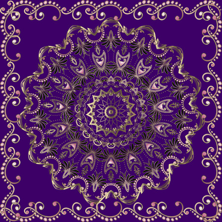 Vintage floral gold Paisley vector seamless mandala pattern. Ornamental violet background with elegance frame. Pink paisley flowers ornament. Repeat backdrop. Round ornate mandala. Repeat backdrop.のイラスト素材