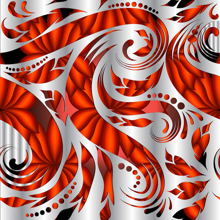 Floral ornamental colorful 3d vector seamless pattern. Textured silver background. White repeat surface backdrop. Red and black modern ornament with hand drawn vintage flowers, leaves, dots, swirls.のイラスト素材