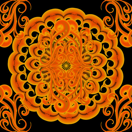Ethnic colorful elegance bright mandala seamless pattern. Vector ornamental ornate illuminated background. Arabic style vintage floral neon ornament in orange yellow colors. Arabesque flowers, leaves.のイラスト素材