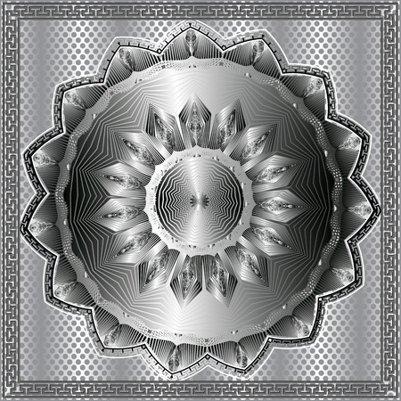 Ancient round silver 3d ornament. Vector meander pattern. Grid polka dot background. Modern line art mandala with greek key floral ornament. Ornamental design. Square frame. Geometric abstract textureのイラスト素材