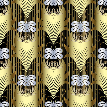 Striped gold Baroque 3d vector seamless pattern. Ornamental luxury floral background. Vertical stripes, lines. Golden flowers, leaves. Ornate repeat backdrop. 3d wallpaper. Elegance decorative designのイラスト素材