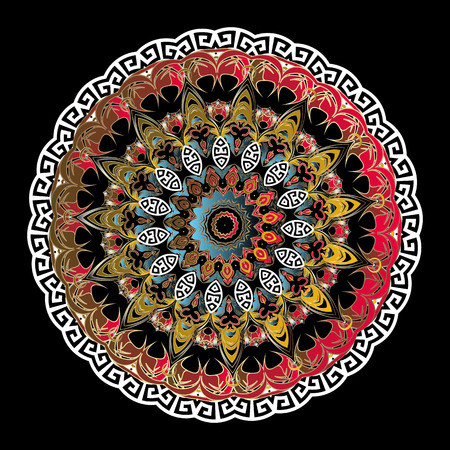 Ornate colorful greek floral mandala pattern. Vector ornamental elegance background. Vintage round Baroque ornament. Lace ancient greek key meanders. Luxury decorative design. Vintage flowers, leavesのイラスト素材
