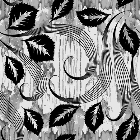 Wood textured black and white floral vector seamless pattern. Leafy wooden grunge background. Monochrome light repeat backdrop. Vintage lines ornament with line art swirls, flowers. Modern texture.のイラスト素材