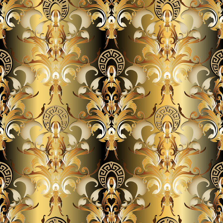 3d Baroque vector seamless pattern. Ornamental floral background. Geometric greek key meanders elements. Vintage Damask ornament. Gold flowers, leaves. Luxury decorative baroque royal ornate design のイラスト素材
