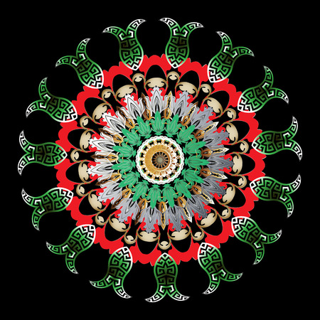 Colorful ornamental vintage greek mandala pattern. Vector patterned round floral ornament. Elegant Baroque style flowers, leaves, lines, shapes. Geometric ethnic frame. Greek key meander ornate designのイラスト素材