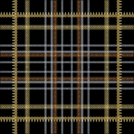 Checkered striped greek vector seamless pattern. Ornamental tartan background. Repeat plaid backdrop. Greek key meanders ornament. Vertical and horizontal stripes, lines, shapes. Ornate modern designのイラスト素材