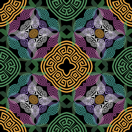 Ornamental colorful greek vector seamless pattern. Abstract ethnic style patterned background. Repeat decorative tribal backdrop. Vintage floral ornament with greek key meanders geometric shapesのイラスト素材