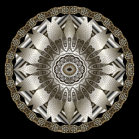 Greek lace textured gold 3d greek mandala pattern. Vector ornamental round surface flower. Greek key meanders ornament. Modern decorative luxury floral ornament. Trendy beautiful ornate designのイラスト素材