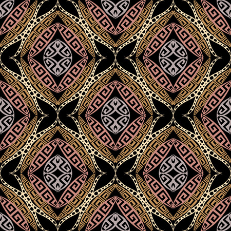 Colorful floral greek vector seamless pattern. Abstract arabesque style ornamental background. Repeat multicolor backdrop. Ancient vintage greek key meanders ornament. Decorative ornate modern designのイラスト素材
