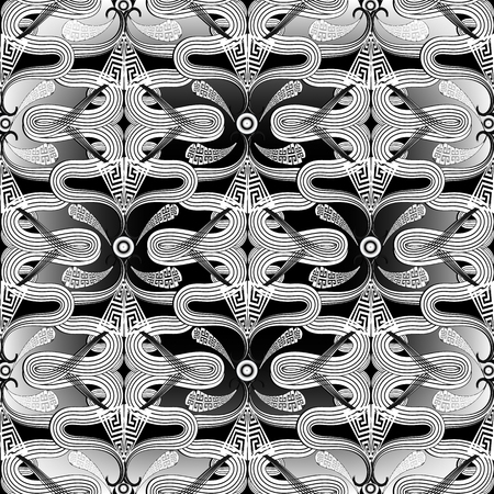 Black and white intricate greek vector seamless pattern. Geometric ornamental monochrome background. Abstract repeat floral backdrop. Paisley flowers, lines, stripes. Greek key meanders ornamentのイラスト素材