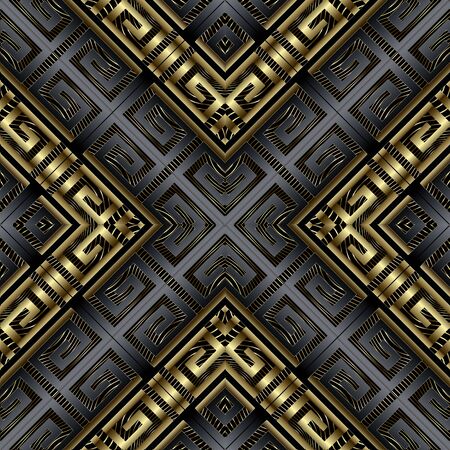 Surface 3d geometric greek vector seamless pattern. Luxury ornate modern background. Geometrical gold black repeat backdrop. Beautiful greek key meanders ornament. 3d wallpapers.  Textured designのイラスト素材