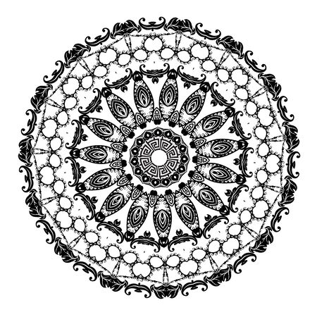 Greek vector black and white luxury mandala pattern. Ornamental lace background. Geometric shapes, circles, waves. Vintage Baroque style flowers, leaves. Greek key meanders ethnic mandala ornamentのイラスト素材