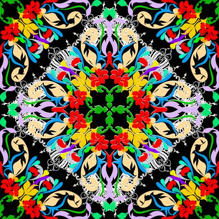 Colorful floral vector seamless pattern. Bright ornamental Damask background. Baroque style ornament with vintage flowers, leaves in victorian style. Summer spring colors. For fabric, print, wallpaperのイラスト素材