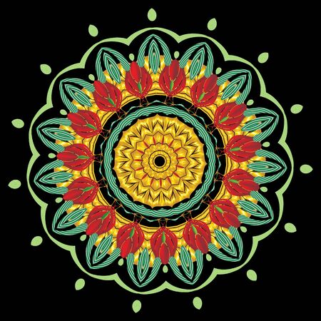 Floral colorful textured mandala pattern. Leafy ethnic style round ornament. Bright decorative abstract design. Multicolor flowers, leaves, lines, shapes. Vector illustration. For cards, prints, wallsのイラスト素材