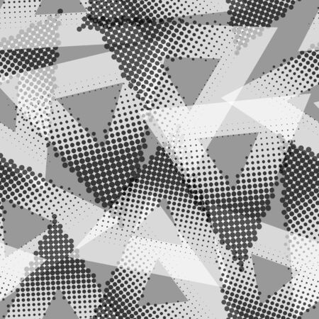 Halftone dotted triangles vector seamless pattern. Abstract digital geometric background. Elegant repeat backdrop with circles, dots, point large scale. Polka dots, half tone triangle shapes ornament.のイラスト素材