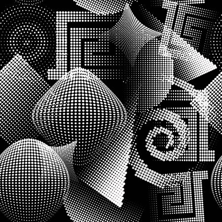 Digital halftone geometric 3d vector seamless pattern. Dotted abstract textured greek background. Repeat backdrop with circles, squares, dots, points, triangles, spiral, shapes. Meanders ornament.のイラスト素材
