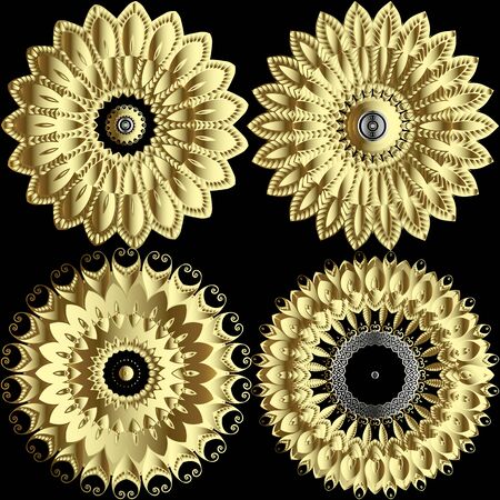 Gold 3d flowers. Floral mandalas set. Vector ornamental surface background. Ethnic style textured mandala patterns. Modern luxury decorative design. Ornate texture. Beautiful round vintage ornaments.のイラスト素材