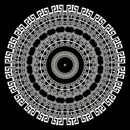 Greek black and white vector mandala pattern. Beautiful abstract geometric round ornament. Monochrome background. Ethnic ancient style greek key meanders. Circles, shapes, lines, frames. Template.のイラスト素材
