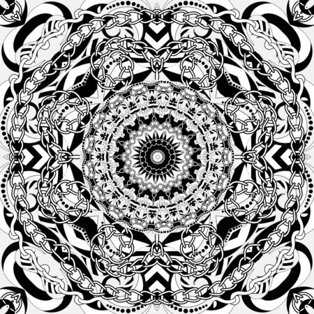 Intricate black and white abstract vector seamless pattern. Ornamental monochrome striped background with round floral mandalas, chains, geometric shapes, dots, lines, flowers. Ornate repeat design.のイラスト素材