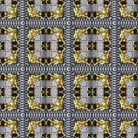 Tapestry textured 3d checkered vector seamless pattern. Geometric embroidery greek background....