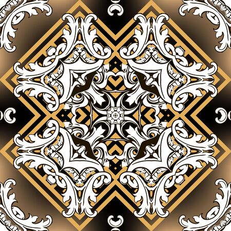 Geometric Baroque style vector seamless pattern. Greek ornamental glowing background. Repeat abstract backdrop. Damask ornament in baroque Victorian style. Greek key meanders, Vintage flowers, leaves.のイラスト素材