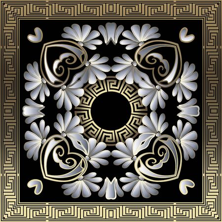 Greek floral 3d vector mandala seamless pattern. Ornamental abstract background with gold square greek key meanders frame. Vintage white 3d chamomile flowers ornament. Ethnic style ornate design.のイラスト素材