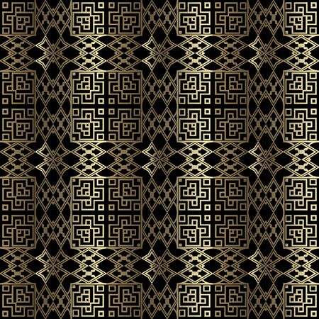 Celtic style ornamental gold 3d vector seamless pattern. Shiny geometric golden grid background. Ornate vintage squares. Luxury decorative design. Greek key meanders. Modern abstract tribal ornaments.のイラスト素材