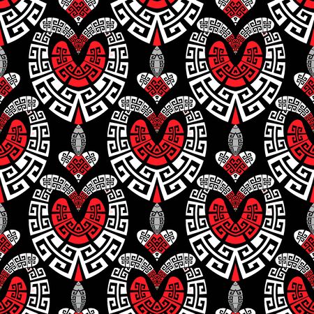 Love hearts ornamental greek seamless pattern. Modern black white red ethnic style patterned background. Repeat romantic backdrop. Tribal geometric design with paisley flowers, shapes, greek meandersのイラスト素材
