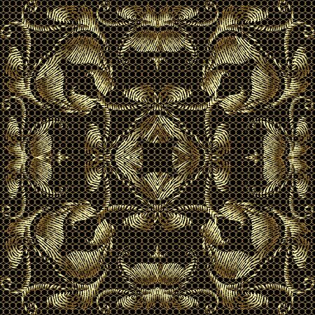 Lace textured gold 3d embroidery Baroque seamless pattern. Lacy ornamental floral vector background. Grid repeat backdrop. Embroidered golden vintage flowers, leaves. Grunge antique surface ornamentsのイラスト素材