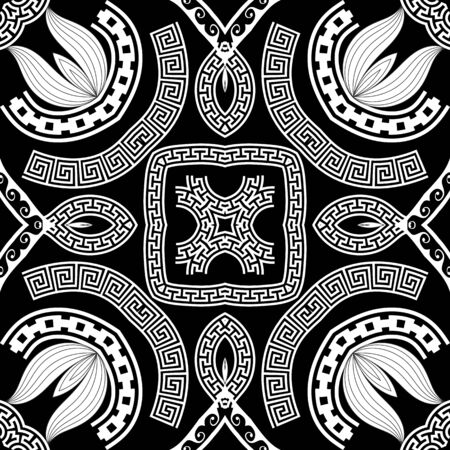 Greek seamless pattern. Black and white abstract geometric background. Ethnic tribal hand drawn flowers, leaves, geometry shapes, swirls, waves. Greek key meander ornament. Floral vector designのイラスト素材