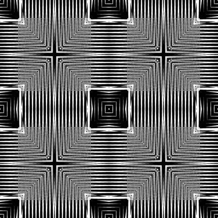 Geometric striped lines vector seamless pattern. Abstract black and white line art halftone background. Repeat modern backdrop. Ornamental symmetrical design. Stripes, geometry shapes, squaresのイラスト素材