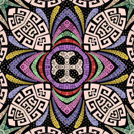 Colorful greek Paisley vector seamless pattern. Modern floral ethnic background. Repeat ornamental bright backdrop. Greek key meanders hand drawn ornament. Paisley flowers, leaves, dots, shapesのイラスト素材