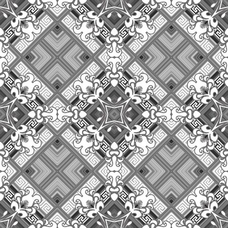 Greek floral beautiful vector seamless pattern. Ornamental geometric monochrome background. Repeat abstract ethnic tribal backdrop. Modern abstract grek key meander ornament with vintage flowersのイラスト素材