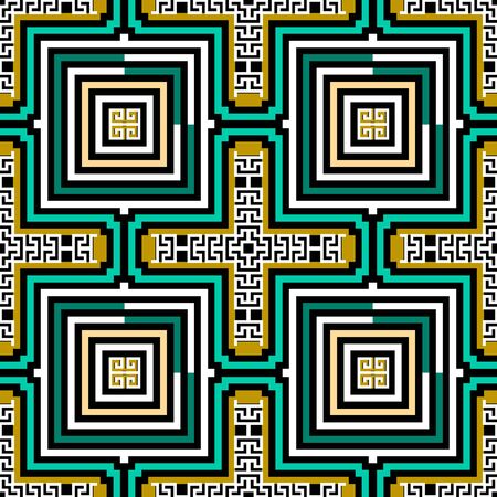 Striped colorful vector seamless pattern. Greek background. Geometric repeat abstract backdrop. Geometry shapes, stripes, lines, greek key meanders, squares. Optical illusion style beautiful designのイラスト素材