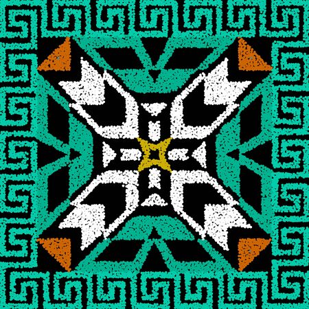 Textured stippled grunge colorful greek seamless pattern. Vector ornamental geometric tribal background. Ethnic repeat backdrop. Grungy square greek key meanders frame. Symmetrical stipple textureのイラスト素材